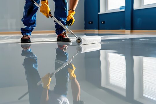 Smooth Coating, Worker applying glossy epoxy floor in a room, Professional finish