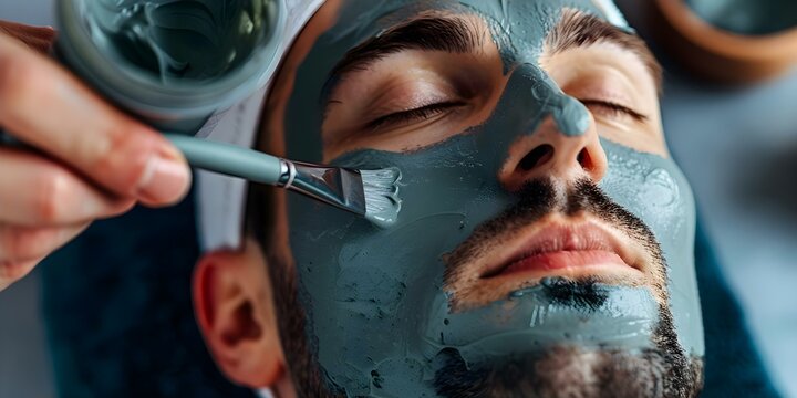 Man applying clay mask and cosmetic cream for grooming and beauty industry. Concept Cosmetic skincare, Clay mask application, Male beauty routine, Grooming products, Skincare regimen