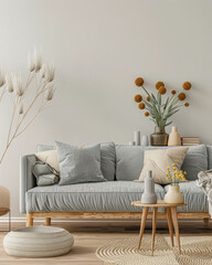 Minimalist peach living room interiors composition with minimal furniture, natural window lighting and ample copy space. Interior design home decor composition.