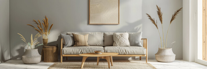 Minimalist peach living room interiors composition with minimal furniture, natural window lighting and ample copy space. Interior design home decor composition.
