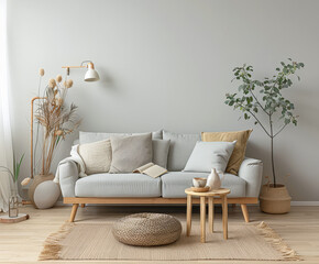 Minimalist peach living room interiors composition with minimal furniture, natural window lighting and ample copy space. Interior design home decor composition.