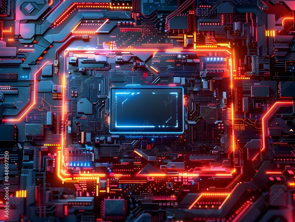 Poster futuristic digital frame with illuminated high tech circuit board design