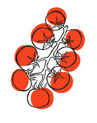 Illustration of tomatoes on branch isolated on white background. Tomatoes, branch, leaves with black outline. Another layer is colored filling. Red orange circles that partially overlap with tomatoes.