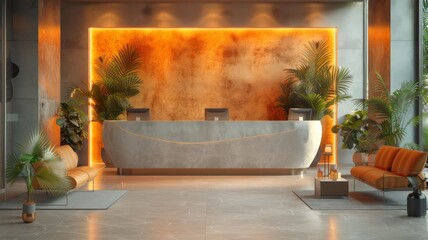 Luxurious Hotel Lobby with Modern Design, Elegant Furniture, Warm Ambient Lighting, and Indoor Plants Creating a Welcoming AtmosphereHotel lobby
