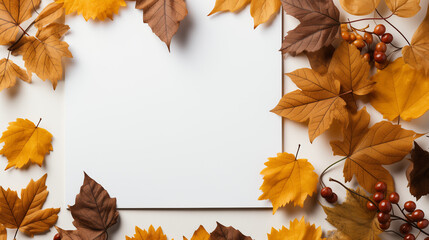 Autumn leaves and a sheet of parchment on a white background with space for text. Minimal Thanksgiving and Halloween seasonal design. Flat lay view.