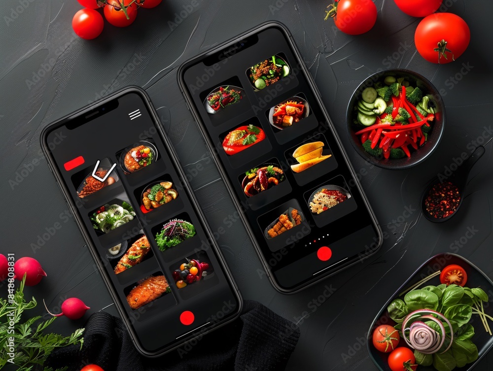 Poster modern food delivery mobile app kit template featuring a sleek user interface design, vibrant color 
