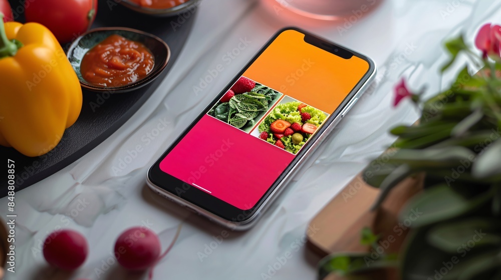 Poster modern food delivery mobile app kit template featuring a sleek user interface design, vibrant color 