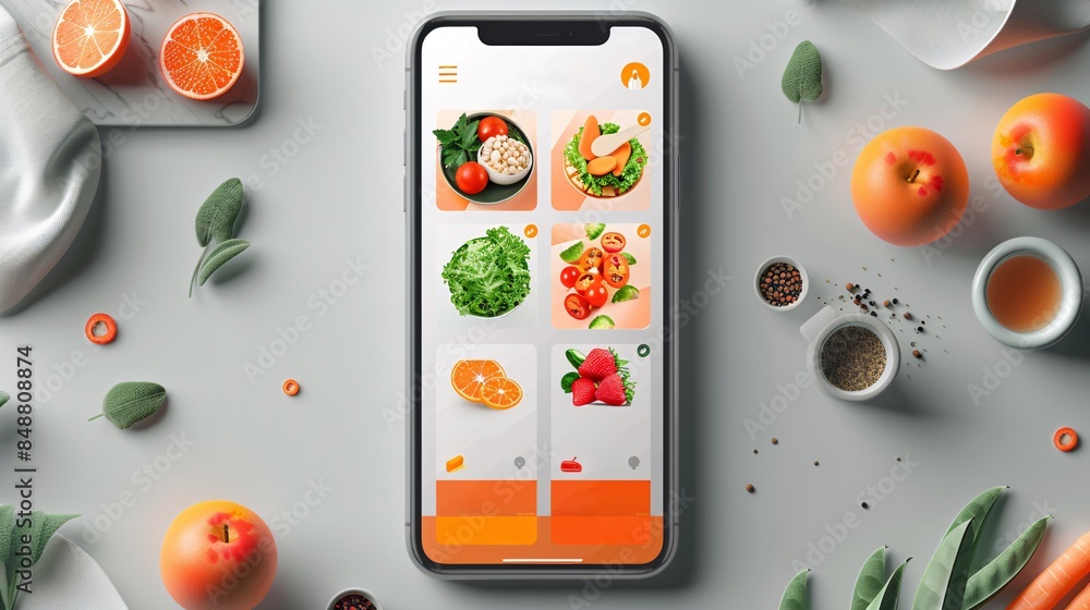 Poster modern food delivery mobile app kit template featuring a sleek user interface design, vibrant color 