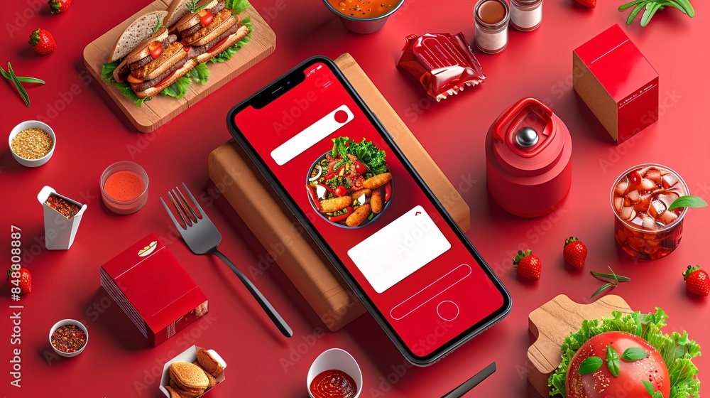 Poster modern food delivery mobile app kit template featuring a sleek user interface design, vibrant color 