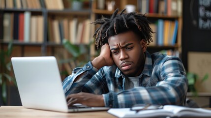 Close-Up of a Frustrated Job Seeker at a Desk with a Laptop, Looking at Job Listings