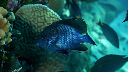 Fototapeta premium Detailed view of a damselfish, deep blue hue, fiercely guarding its territory on a busy reef. 