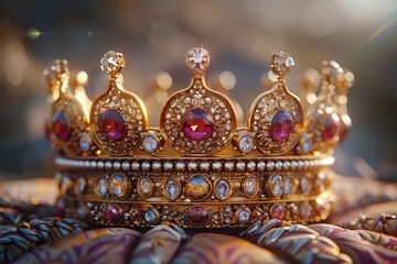 Fototapeta premium The gold and ruby encrusted royal crown with intricate details and gemstones glimmering in sunlight, atop ornate velvet cushionGold crown