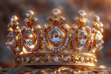 Luxurious, Ornate Golden Crown with Sparkling Diamonds and Intricate Design Detail Against a Soft Blurred Background Illuminated by Warm Lightingcrown