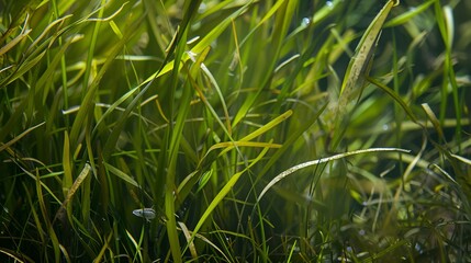Close focus on a seagrass meadow, vibrant green blades, small fish darting between. 