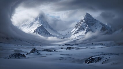 monochrome winter countryside heavy weather,snow, fog,wafts of mist,windy, hill,trees,field, hunting lookout