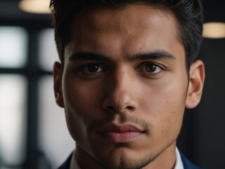 Obraz premium Close-up portrait photo of a handsome businessman in an office space