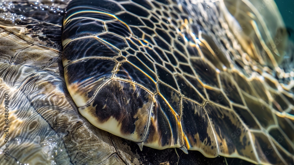 Poster macro of a sea turtle's flippers, showing intricate lines and textures, propelling through the water