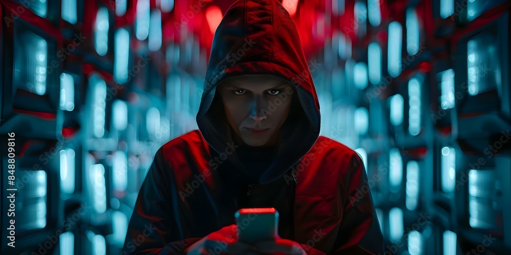 Poster hacker using smartphone for cybercrime in futuristic digital art of cyber warfare. concept cybercrim