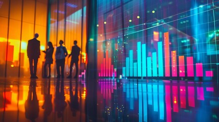 Obraz premium Business professionals analyzing data charts, discussing trends in a modern office with vibrant lighting and reflections.