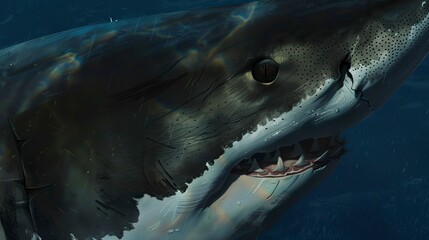 Naklejka premium Close-up of a great white shark's eye, detailed and intense, gliding through deep blue waters. 