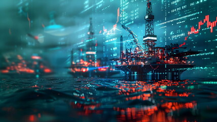Offshore Oil Rig Nighttime Illuminated Financial Data Overlay