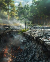 A lone tree with visible roots clings to cracked earth above a fiery abyss, surrounded by lush, green forest and sun rays piercing through.
