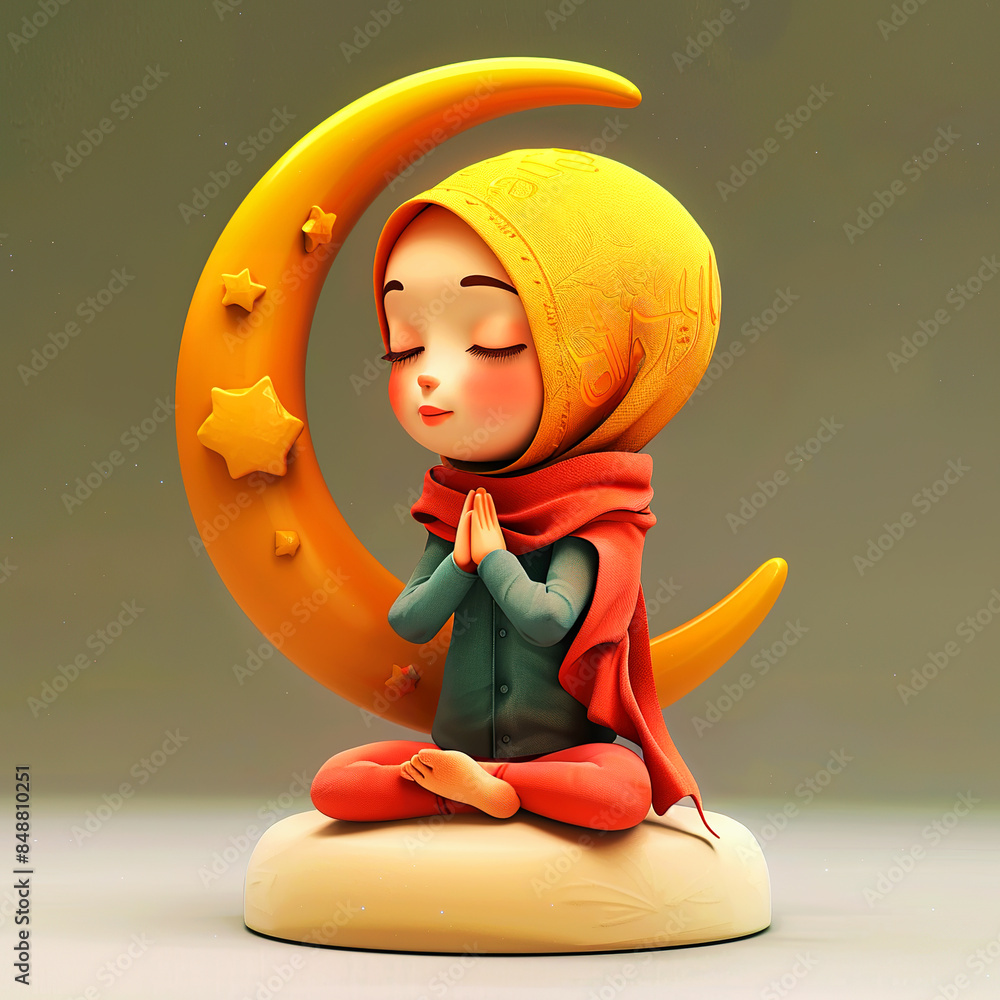 Canvas Prints Beautiful muslim girl in hijab praying with crescent moon on background. Pretty islamic girl in hijab