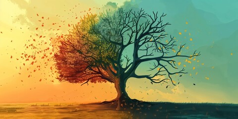 The artwork showcases a tree across four seasons, capturing natures beauty and transition with vibrant colors. It represents the changing environment and cycles of life