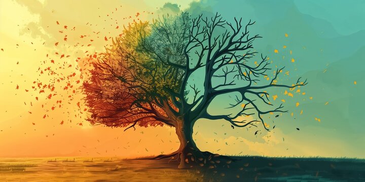 The artwork showcases a tree across four seasons, capturing natures beauty and transition with vibrant colors. It represents the changing environment and cycles of life
