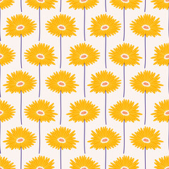 Seamless pattern with yellow gerbera flowers on a beige background. Summer bright floral vector illustration. Spring botanical print, modern style design