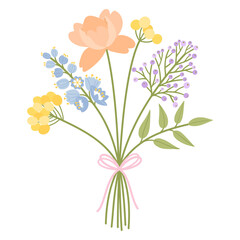 Bouquet of wildflowers. Floral vector illustration. Flowers tied with ribbon. Meadow herbs, and wild plants for design projects