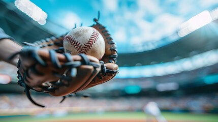 A baseball player's glove catches a ball on the field. A blurry image of the stadium can be seen in the background.