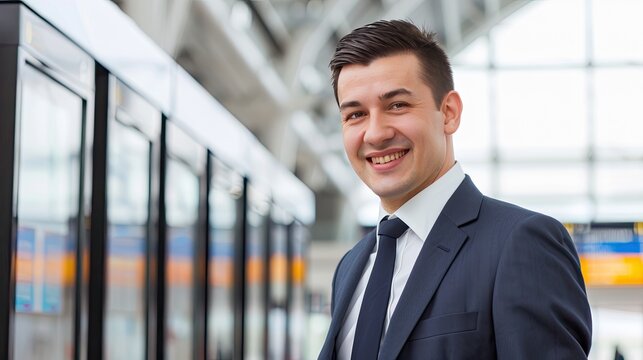Smiling Businessperson at Airport in Professional Attire with Departure Signs in Background