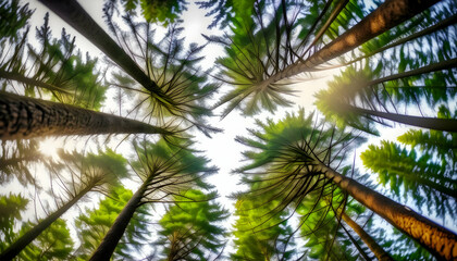 Obraz premium green forest of spruce trees, looking up, with sun rays shining through the trees Forest canopy with sunlight filtering through Dappled sunlight through a lush forest canopy background 