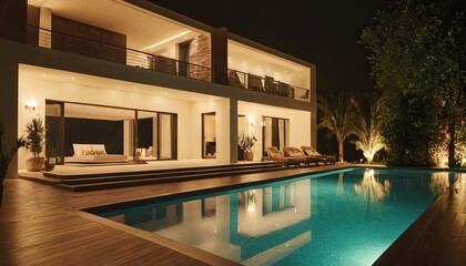 Night view of beautiful villa on island Luxury house with swimming pool at night Luxury house with swimming pool at night