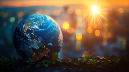 A globe with green plants growing in front of it, with a blurred city skyline and the sun setting in the background.
