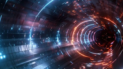 Obraz premium Futuristic digital tunnel with glowing blue and red lights, representing high-speed data transfer and technological advancement.