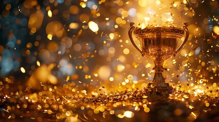 A golden trophy stands tall amidst a dazzling display of celebratory confetti and bokeh lights.