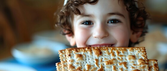 A young child holding up a piece of matzah proudly during the Passover Seder The child's joy and excitement are evident capturing the importance of involving the younger generation in holiday