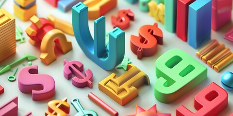 Fototapeta premium Design a convincingly realistic 3D illustration highlighting financial symbols. Employ detailed and accurate depictions of iconic financial representations, using realistic perspectives and colors