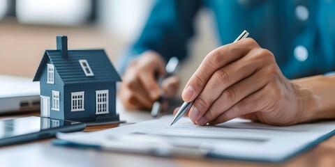 Fototapeta premium Real estate agent and client signing property agreement contract for purchase. Concept Real Estate Transaction, Property Agreement, Signing Contract, Client and Agent, Purchase Process