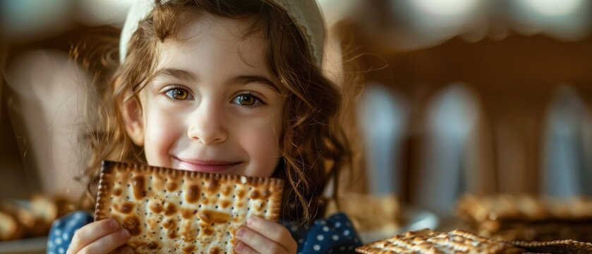 A young child holding up a piece of matzah proudly during the Passover Seder The child's joy and excitement are evident capturing the importance of involving the younger generation in holiday