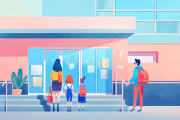 Obraz premium Mother and father walking with their children to school. Happy Pupils with backpack. Beginning of the academic year and lessons.