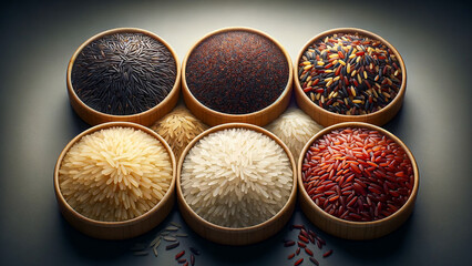 five types of rice basmati, black rice, mixed long grain, arborio, and red rice.