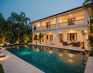 Night view of beautiful villa on island Luxury house with swimming pool at night Luxury house with swimming pool at night