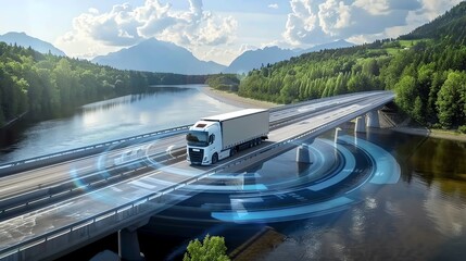 A white semi-truck drives on a highway bridge with blue technology lines around it, showcasing the future of autonomous driving.