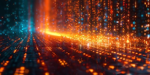 Obraz premium Data technology background. Big data visualization. Flow of data. Information code. Background in a matrix style. 4k rendering, Bright color, realistic