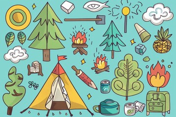Cartoon cute doodles of a family camping trip with a tent, campfire, and marshmallows, Generative AI