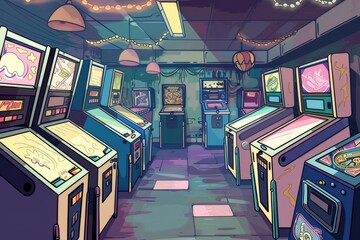 Cartoon cute doodles of a retro arcade with pinball machines and video games, Generative AI
