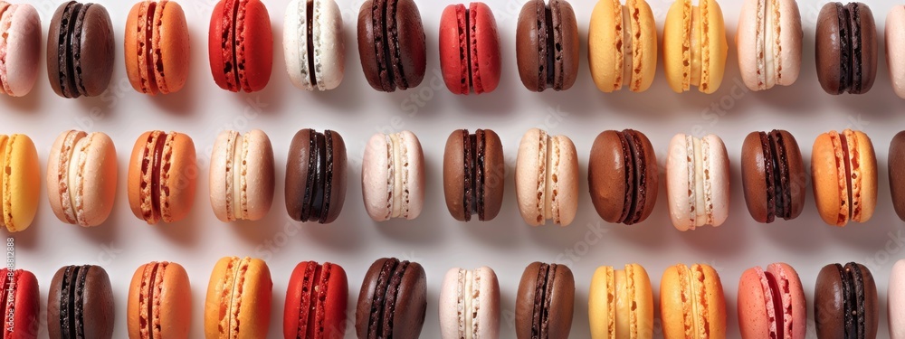 Poster seamless pattern featuring an array of colorful macarons arranged in a repeating grid.